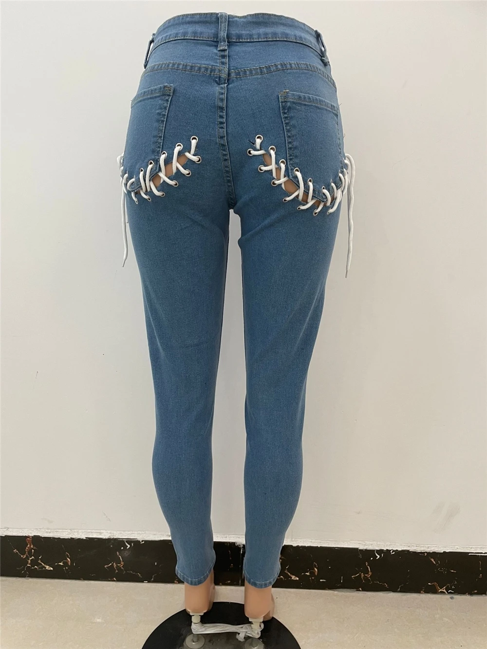 drop shipping venda quente nova moda streetwear sexy calças azul skinny  lace up jeans slim jeans rasgado jeans para as mulheres 2022