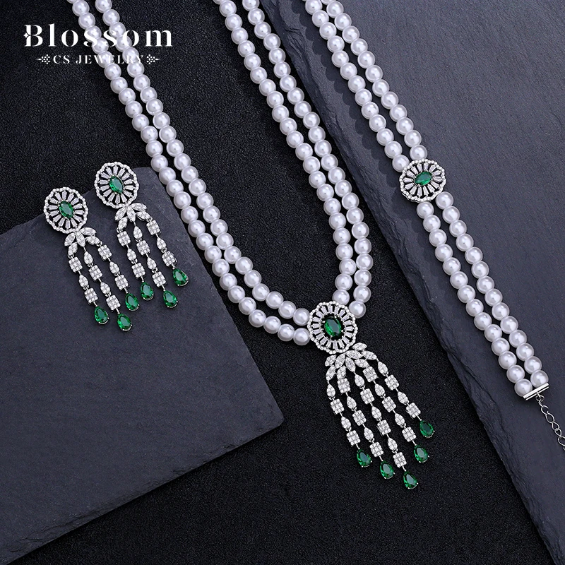 Luxury Custom Ladies Emerald Jewelry Pearl Natural 925 Sterling Silver Open Ring CZ Zircon Jewelry Set 70026