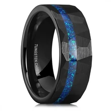 Ouyuan 8mm Tungsten Carbide Opal Rings for Men Black Wedding Band Blue Opal Rings Brushed Hammered Promise Rings Comfort Fit
