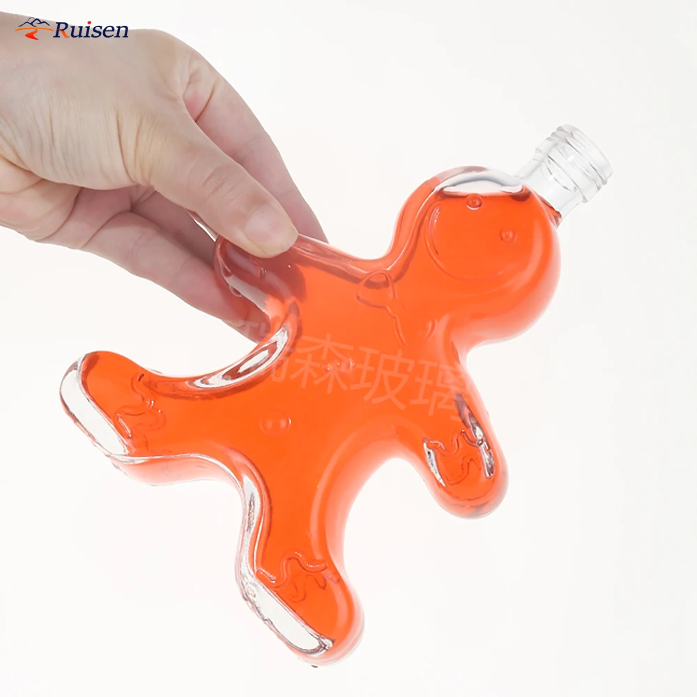 500ml Custom Gingerbread Human Shape Glass Bottle Long Neck Can Hold Whiskey Brandy with Cork Bottle Stopper