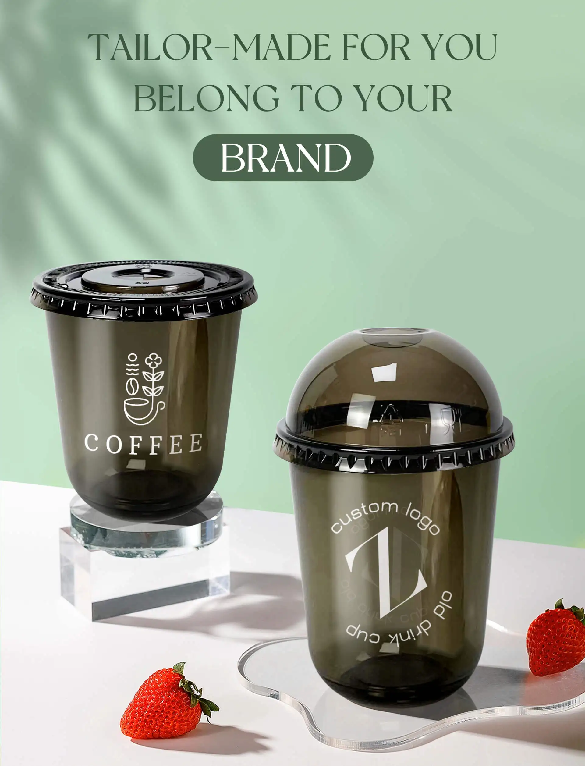 Custom Logo Printed Black Transparent U shape 12oz 16oz 22oz Disposable PET Plastic Clear Cup With Lids For Boba