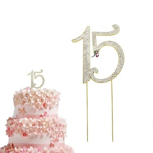 Gold Birthday Number 15 Cake Topper Anniversary Crystal Rhinestones Decorative Cupcake Topper for 15th Birthday Party Supplies