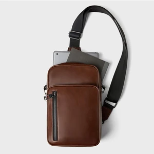 Custom Logo PU Brown Leather Men Chest Fanny Pack Stylish Crossbody Shoulder Bag for Mens