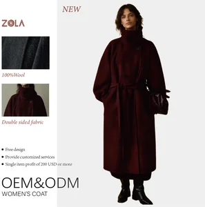 Women's Eco-Friendly Handmade Double Sided Long Wool Coat Mandarin Collar Fitted Style Double Breasted Button Belt Winter