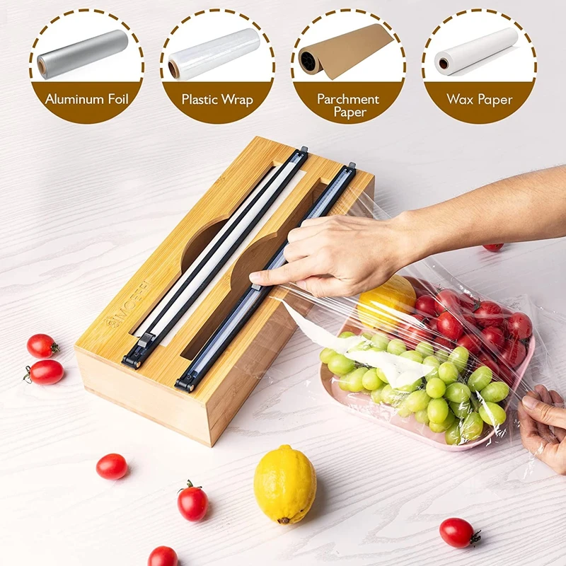 Foil and Plastic Wrap Dispenser with Cutter, 2 in 1 Wrap Dispenser, Wax Paper and Aluminum Foil Dispenser for Kitchen