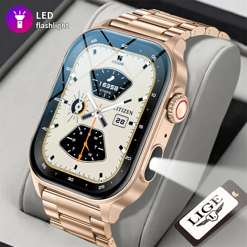 LIGE BWKM02 Men Smartwatch 2.01 Inch Blue Tooth Call Fitness Tracker Heart Rate Waterproof Stainless Steel Silicone Band
