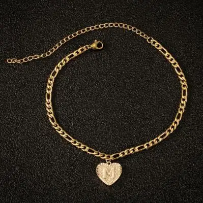 New Arrival Best Selling Fashion Stainless Steel Gold Silver 26 Initial Letter With Heart Shaped Charm Chain Anklets For Women