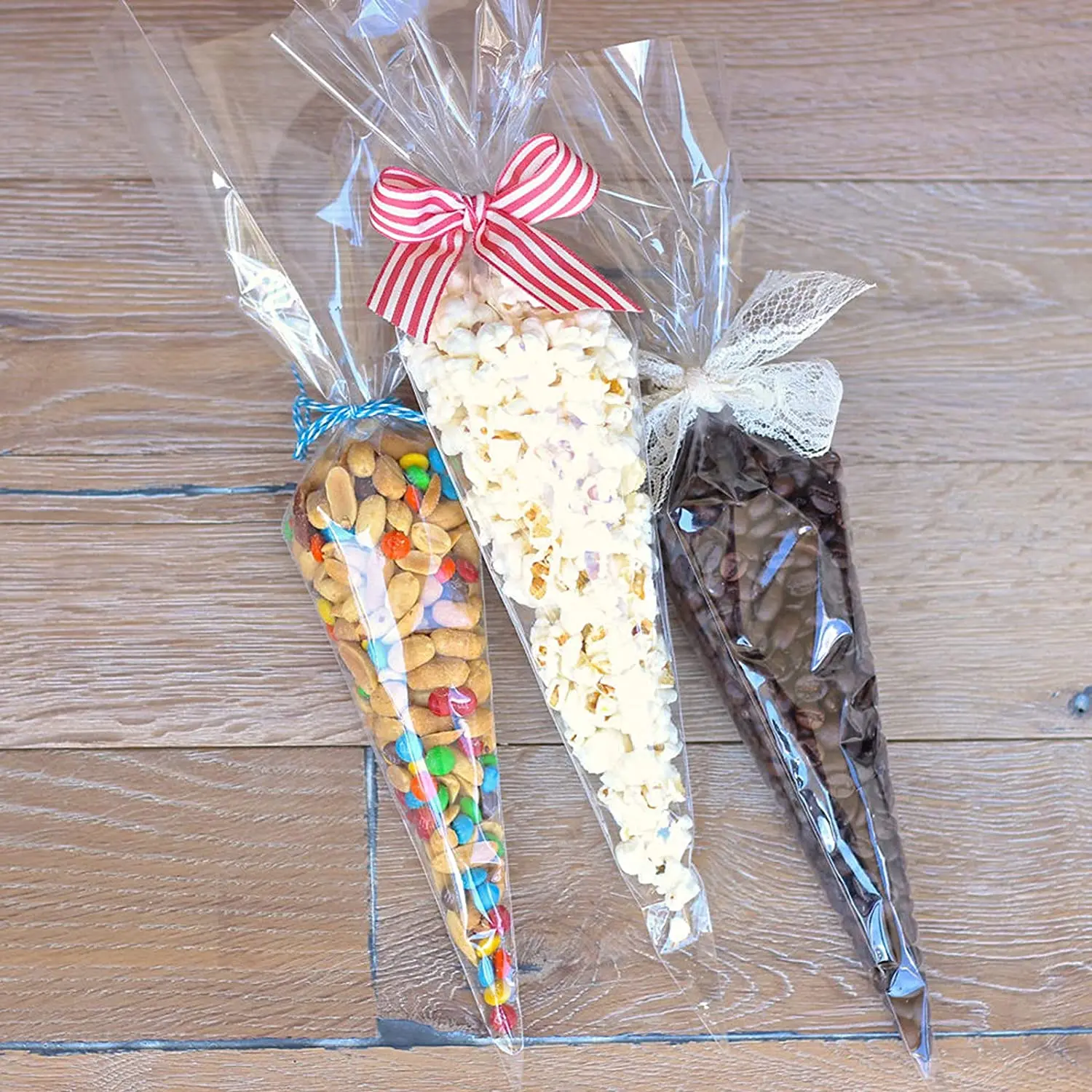 MAOUYWIEE Cone Bag 100 PCS Clear Cello Treat Popcorn Bags Triangle Goody Bags With Twist Ties For Candies Handmade Cookies (6.3\" X 11.8