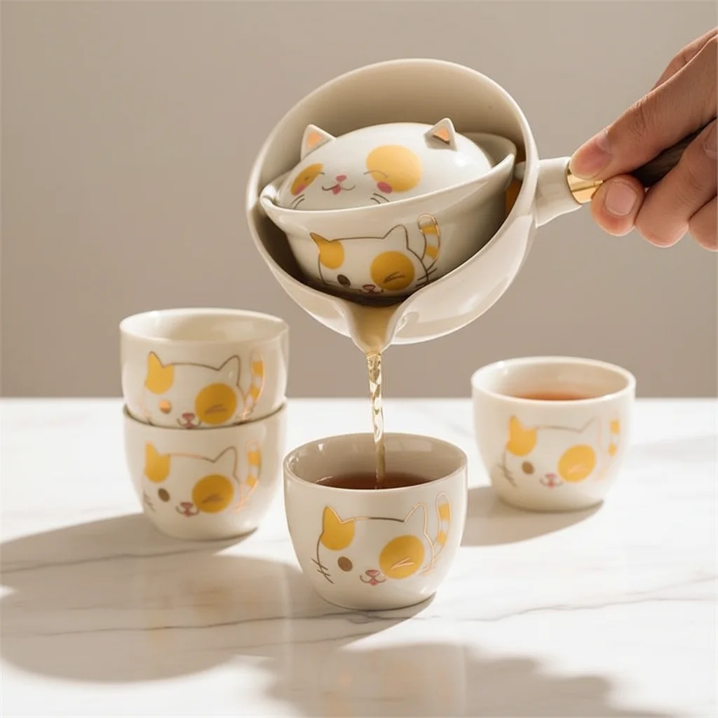 Leuk kattenvormig keramisch theeset met 4 kopjes, creatieve ééndelige theepot met deksel, kawaii-dierentheeset voor thuis en als cadeau