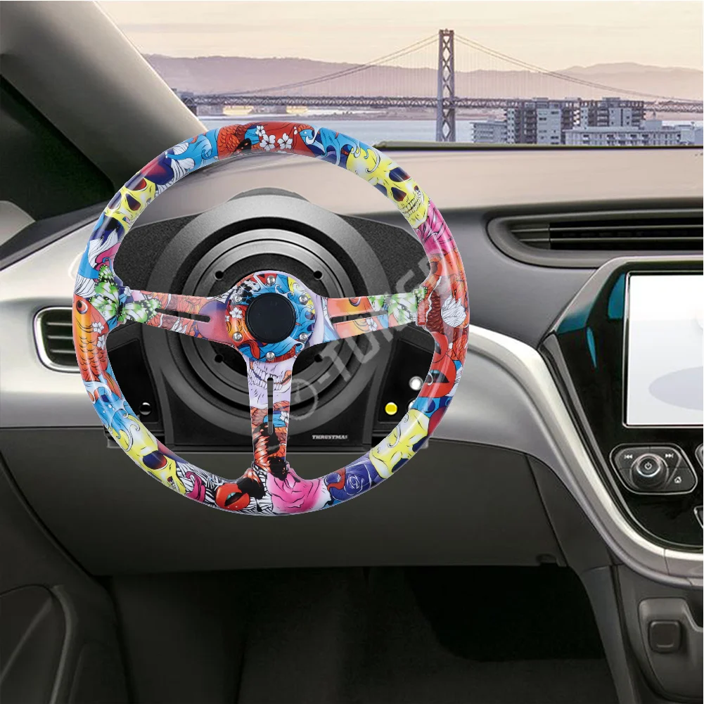 JDM Round Graffiti Cartoon Pattern Steering Wheel Sport Game Steering Wheel Racing Water Transfer Steering Wheel