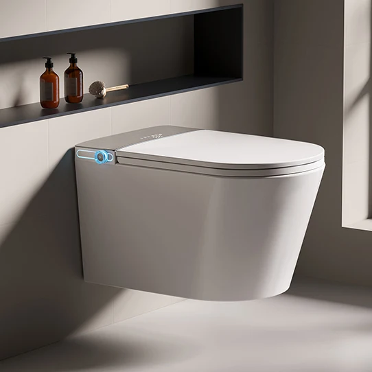 Moderní sanita s nožním senzorem pro splachování – toaletní mísa, inodoro, automatický senzorový model na stěnu, inteligentní chytrá toaleta pro hotel