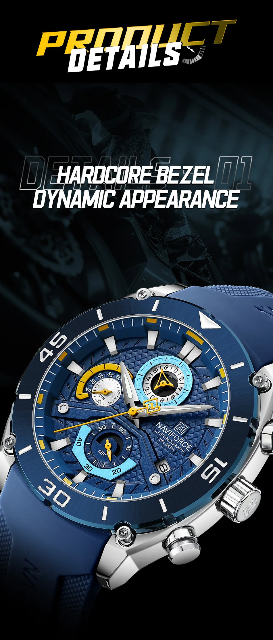 NAVIFORCE NF8038 Brand New Fashion Watches for Men Sports Chronograph Quartz Wristwatches Waterproof Luminous Clock
