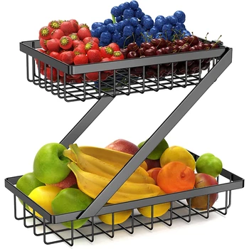2 Tier Fruit Storage Organizer Liveroom Countertop Mesh Bowl Kitchen Storage Wire Metal Fruit Basket