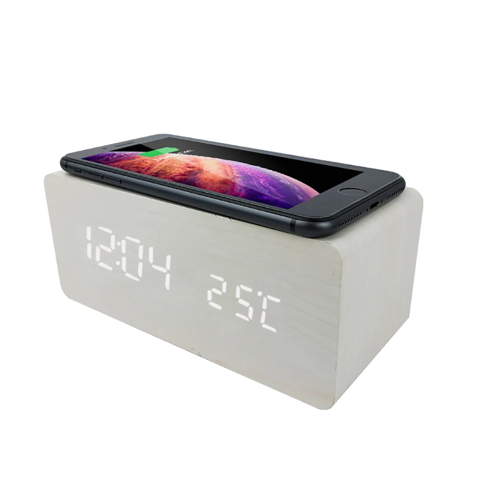 Modern Multifunction Desk Table Square LED Digital Sound Control Clock  Wooden Alarm Clock Wireless Charging for Iphone Samsung, image size:1000x1000