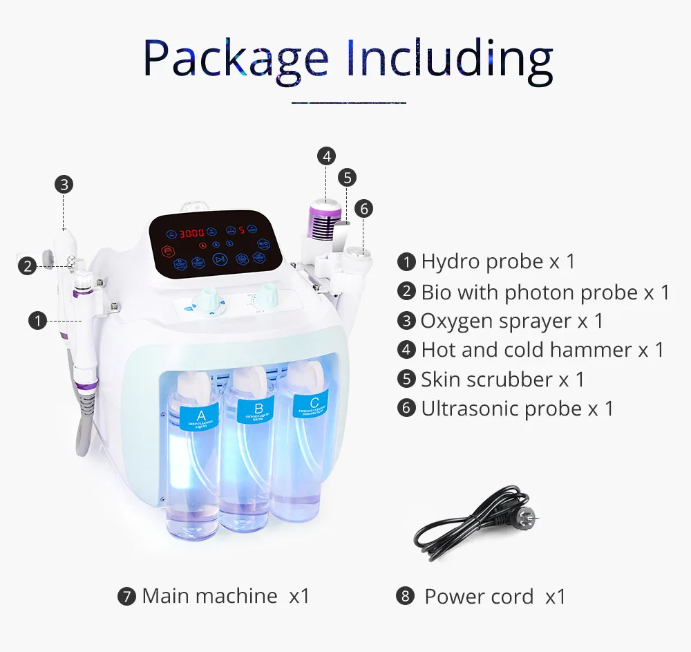 Peneelily Pro 6 in 1 Ultrasonic Bio Water Facial Skin Scrubber Treatment Vacuum Blackhead Remover Hydro Dermabrasion Machine