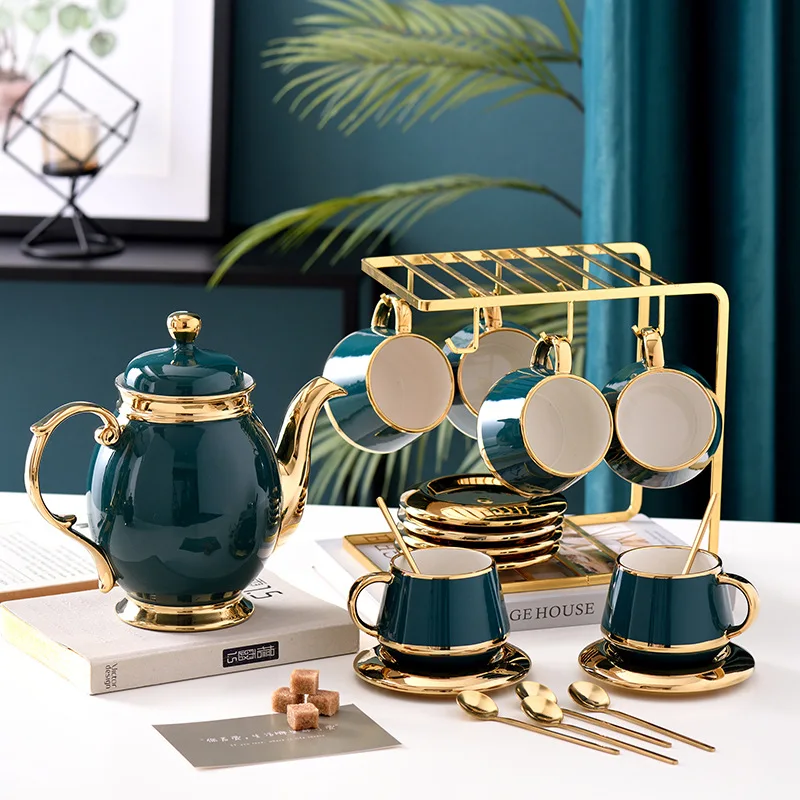 Valuable Emerald Color Ceramic Teapot Set Full Gold Rim Outside Cup with Dolphin Spout Which Is Quite Matched with Modern Life
