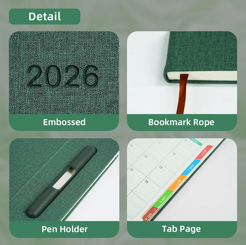 2026 2027 Custom Logo Printing Pu Leather Cover A5 Spanish Diary Journal Agendas Notebook With Pen Holder