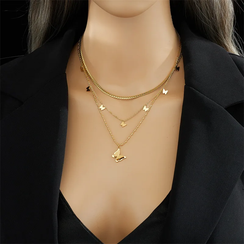 18K Gold Plated Butterfly Necklace - Multi Layer Design