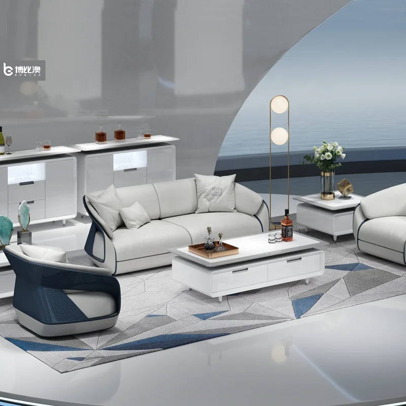Executive Blue Gray Leather Meeting Room Reception Sofa Furniture 2020 Luxury Modern MDF Glossy Office Sofa
