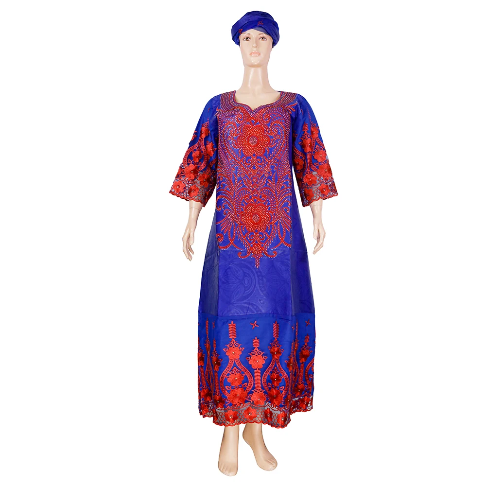 H & D African Dresses For Women With Head Wraps Long Robe Bazin Rich ...