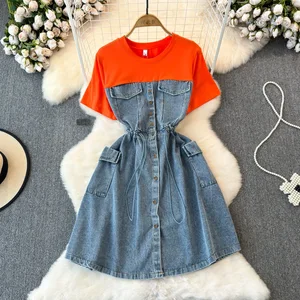 Spring Autumn Fashion Casual Dresses Short-Sleeved A-Line T-Shirt Neck Denim Material Digital Printed Splicing Natural Waistline