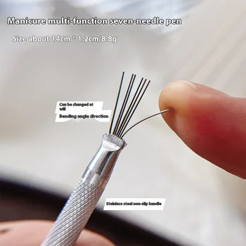 Buccinti Seven-Needle Pen Multi-Function Flat Nail Art Wire Drawing Tool Stainless Steel Handle Bendable Nylon/Brass Bristles