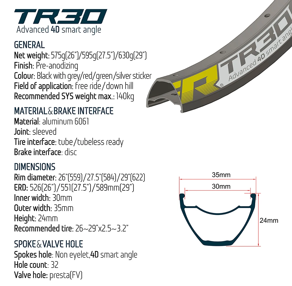 Koozer TR30 Heavy MTB Bicycle Rim Advanced 4D Smart Drilling 26 27.5 29 Inch Tubeless Ready 32 Holes 30mm Wheel Bike Parts FR DH