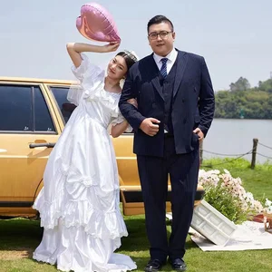 Oversized Custom Plus Size Men's Navy Blue Striped 3-Piece Double Breasted Anti-Wrinkle Formal Suit for Groom Wedding