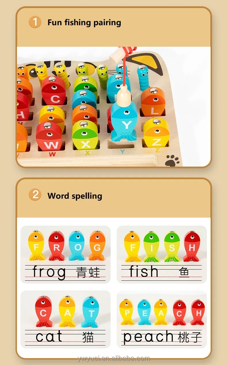 YUCI Custom Own LOGO Brand Unisex Alphabet Fishing Bug Catching Game Wood Educational Toys