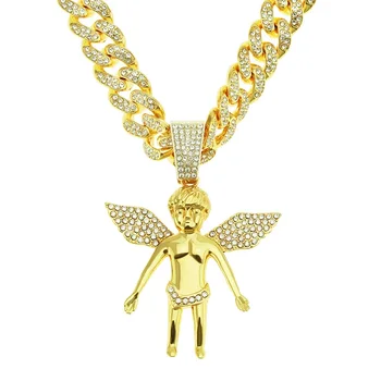 Guardian angel Cubic Zircon 13mm angel Iced Out Pendant Necklace Miami Cuban Link Chain HipHop Jewelry
