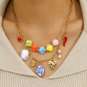 MW Fashion Exquisite Color Ceramic Shell Conch Stainless Steel Plated 18K Gold Bamboo Pendant Necklace Marine Wind Earrings Set