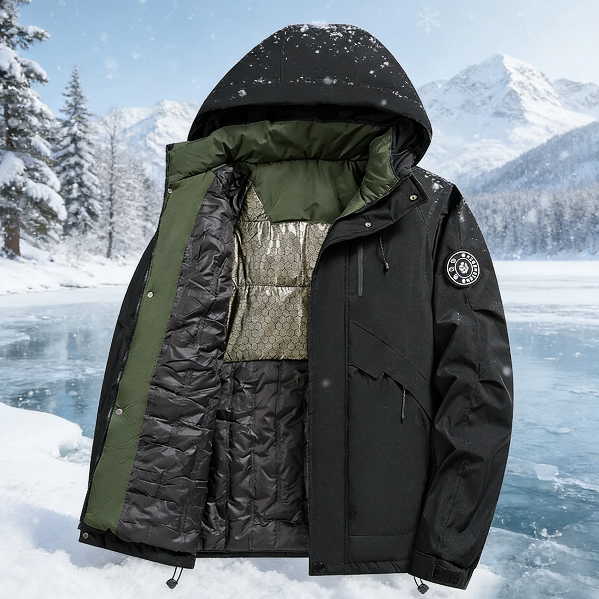 Hooded Casual Winter Warm Jacket with Zipper Logo Graphene Waterproof Windproof Cold Protective Outdoor Warm Outerwear