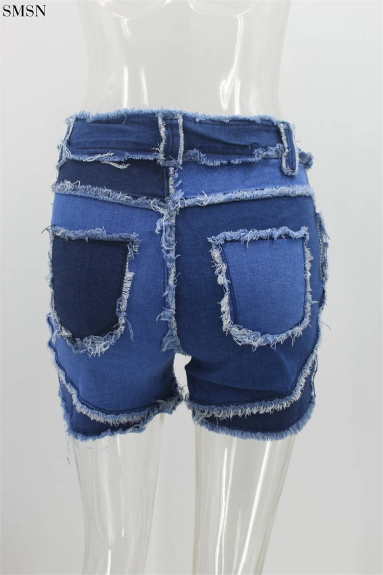 FASHIONWINNE Women Clothing High Waisted Blue Jean Shorts Denim Cheap Contrast Stitch Patchwork Jeans Women