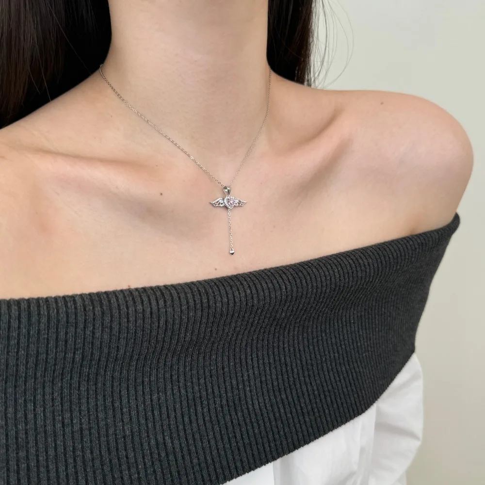 KAKODIY Elegant and Exquisite Fashion Jewelry 925 Sterling Silver Chain 5A Cubic Zirconia Tassel Heart Wings Angel Love Pendant Necklace detail 1