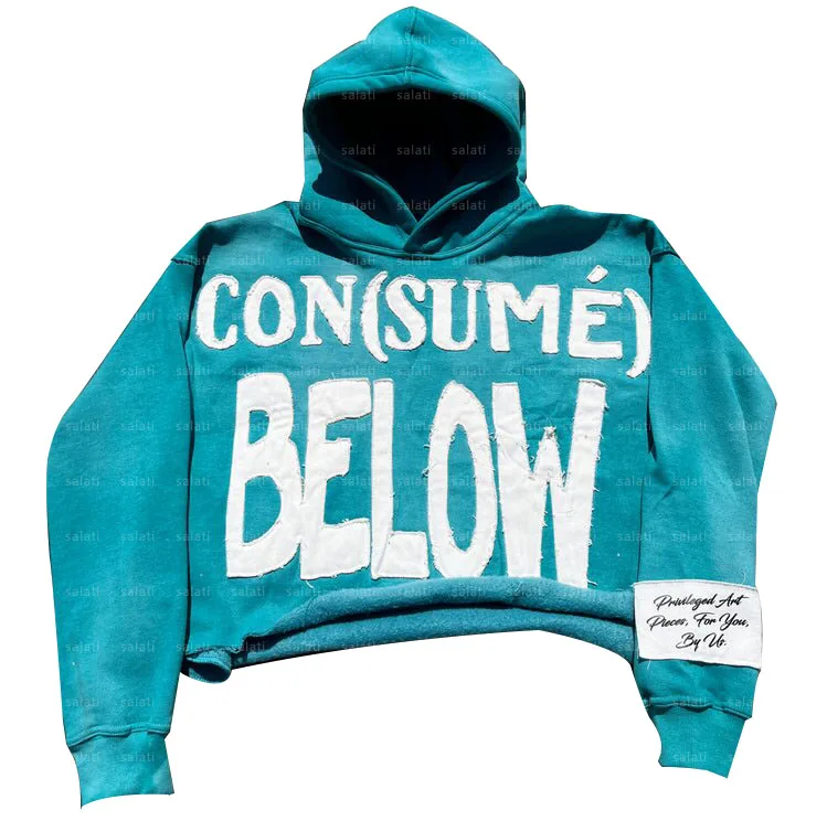Customized Pullover Acid Wash Raw Hem Sun Faded Cut and Sew Cotton Hoddies Applique Stitch Patch Embroidery Cropped Hoodies Men gallery 7