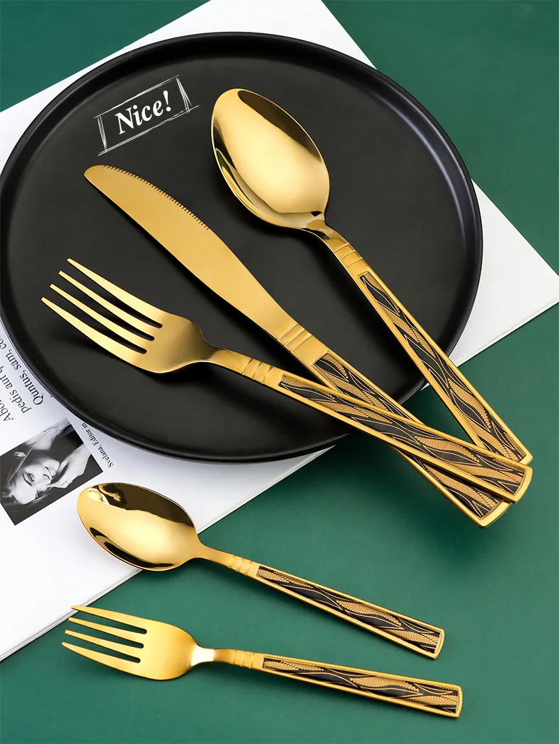 Square Handle Embossed Knife Fork Spoon Jogo De Talheres Stainless Steel Retro Gold Cutlery