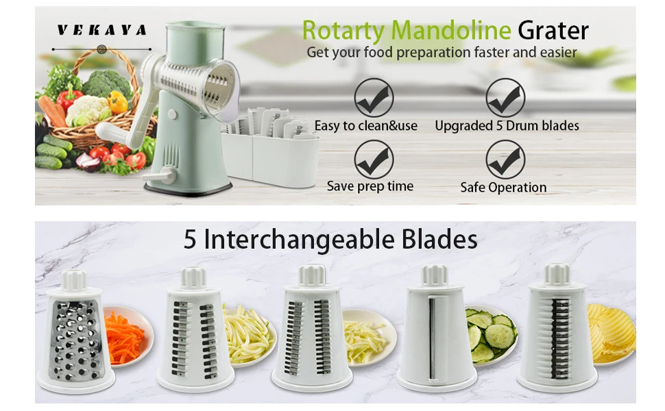 Manual Food Processor 5 Blades Cheese Grater Rotary Grater Handle