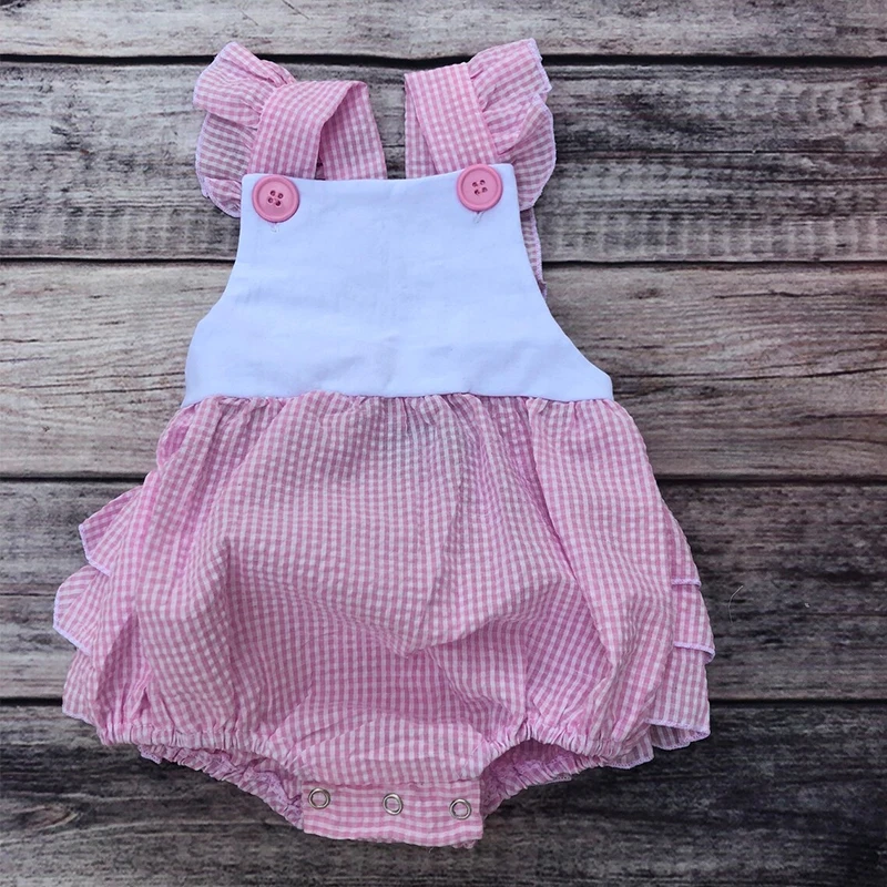 Wholesale Summer Baby Girl Designer Clothes Monogram Pink Seersucker Ruffle Bubble Romper Baby