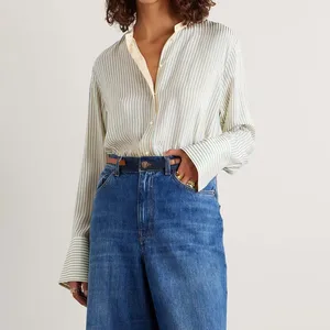 Clothing Manufacturers Custom Spring Summer Autumn Casual Long Sleeve Ladies Poplin-trimmed Striped Silk Blouses Shirt