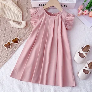 Summer Baby Girl Cute Solid Breathable Off-Shoulder Petal Sleeve Knee-Length Dress Korean Style ODM Children's Clothes