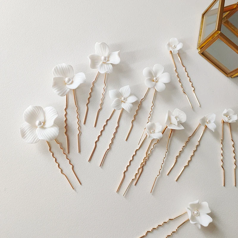 Simple Floral Headpiece Ceramic Flower Hair Pin Pearl Bridal ...