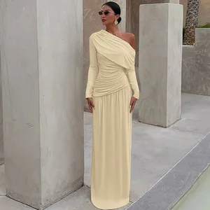 Sexy Slanted Neck Pleated Winter Maxi Dress for Women 1 Piece Solid Bohemian Dress for Sale