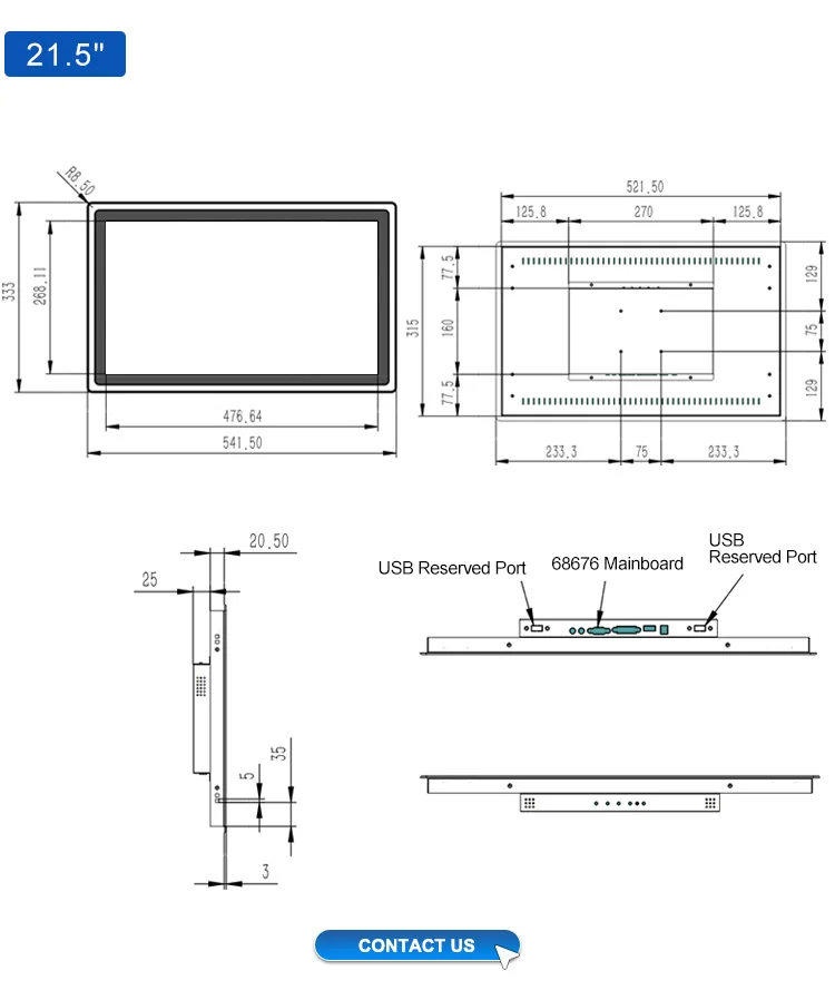 21.5 Inch Industrial Monitor Waterproof High Brightness Touch Screen Embedded Display Medical PC Industrial Monitor