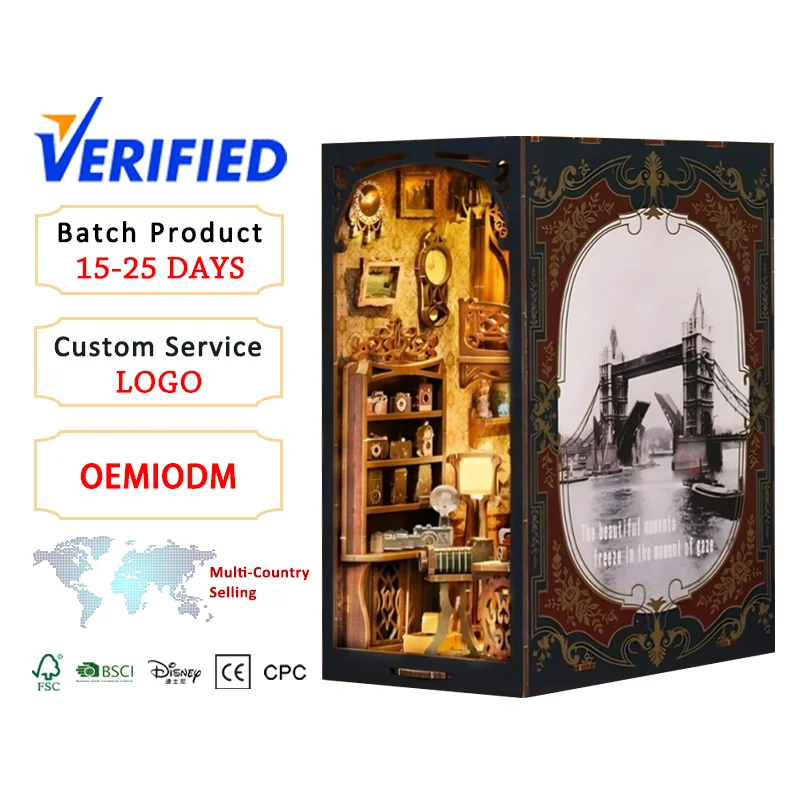 casa de Livro 3D com Luzes LED - Inserção de Estante em Miniatura DIY, Kit de Quebra-Cabeça de Madeira para Decoração de Ambiente e Presentes