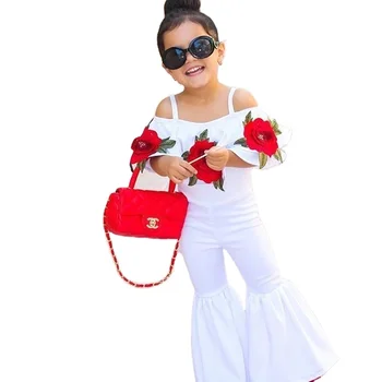 High popularity little girl boutiqe Three-dimensional flower flared clothes kids casual wear jumpsuit for children