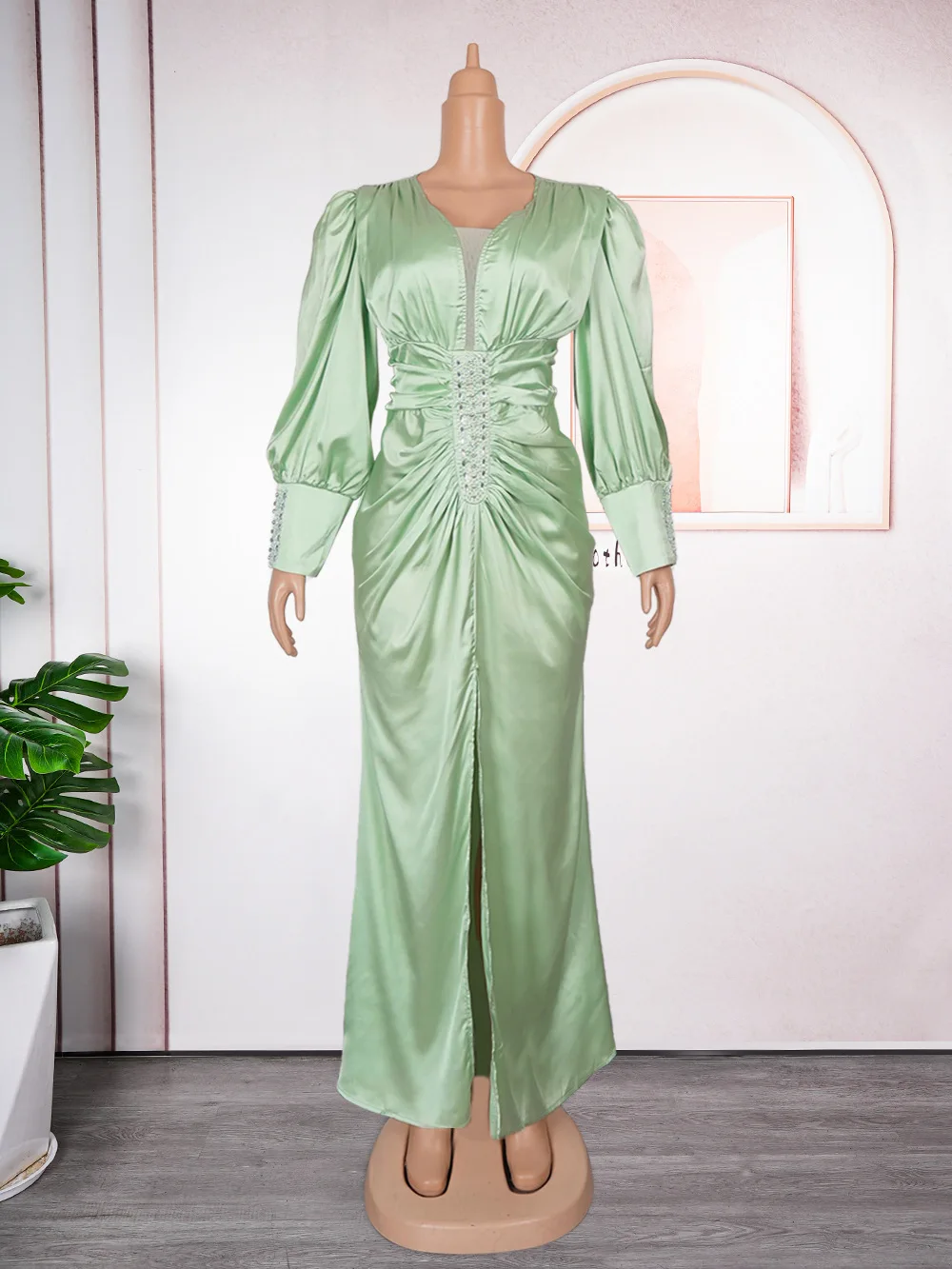 Latest Style Trendy Formal Satin Evening Dress African Satin Long Sleeve  Dress Party Satin Long Dress