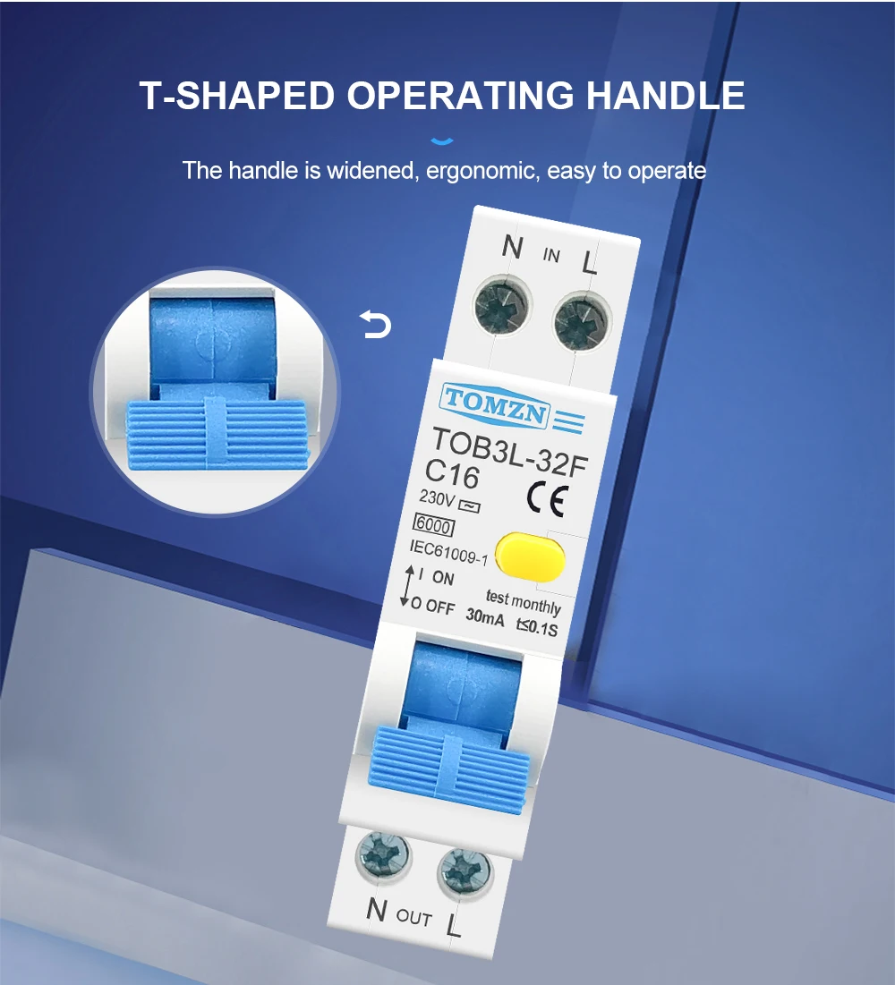 TOMZN RCBO 1P+N 6KA Residual Current Differential Automatic Circuit Breaker Over Current Leakage protection 18MM 230V 50/60Hz