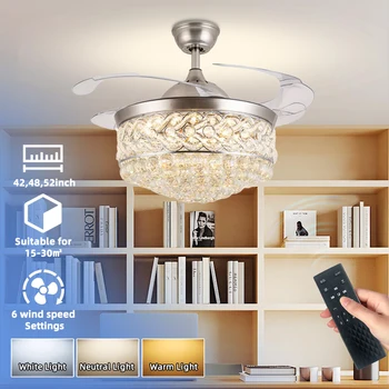 Luxury Modern European Ceiling Fan Lamp Invisible Nickel with LED Lights Transparent Folding Hidden Blade Remote Control Switch