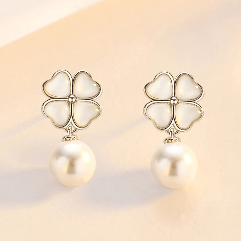Wholesales 925 Sterling Silver 18K Gold Plated Fashion Women Four Leaf Clover Pearl Stud Earrings Je(图7)