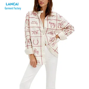 Women's Oversized Cotton-Linen Graphic Embroidery Button-Down Blouse Breezy Collared Neckline Button-Front Closure Button Cuffs